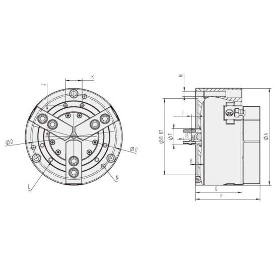 Большое фото товара - KS12-3, Трехкулачковый Цельный пневматический патрон, P013. Вариант №2