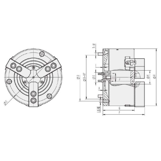 Большое фото товара - KB10-3, Трехкулачковый Пневматический патрон с наполовину сквозным отверстием, P030. Вариант №2