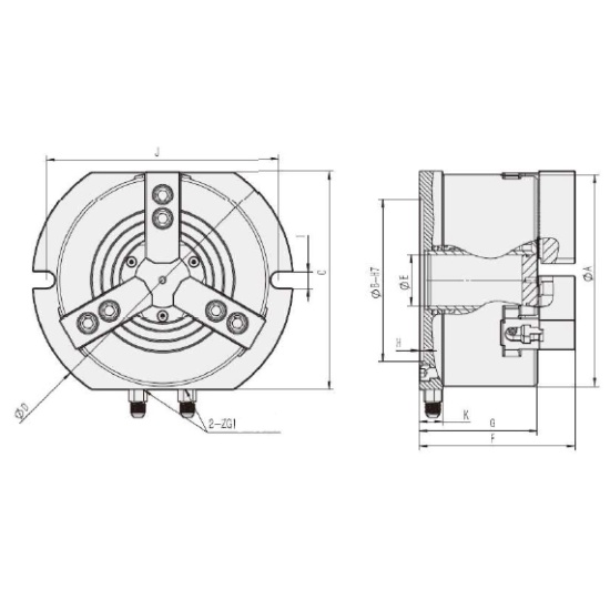 Большое фото товара - KL04Y-3, Трехкулачковый Вертикальный полый пневматический патрон, P044. Вариант №2