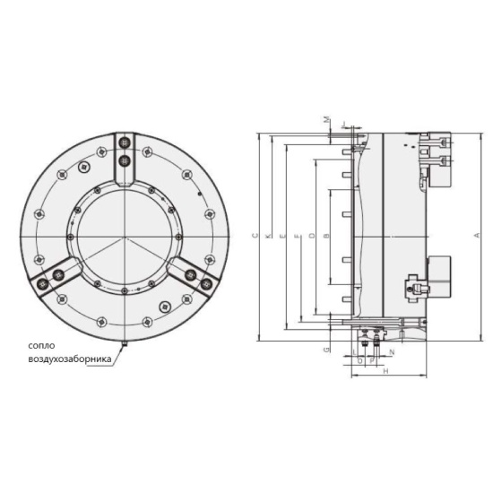 Большое фото товара - KQ30-3, Трехкулачковый Пневматический патрон с передним креплением, P060. Вариант №2