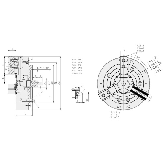 Большое фото товара - VL-18, Трехкулачковый Вертикальный токарный патрон (тип 1), P134. Вариант №2